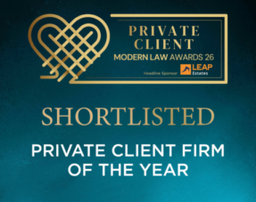 Photo with the words 'shortlisted: private client firm of the year'