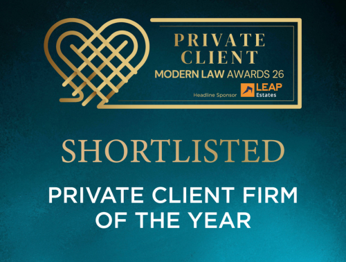 Photo with the words 'shortlisted: private client firm of the year'