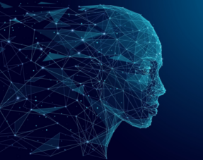 Blue wireframe human face made of connected network lines and glowing points, representing AI and grief bots.