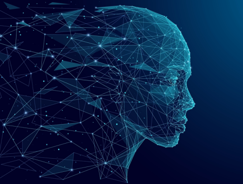 Blue wireframe human face made of connected network lines and glowing points, representing AI and grief bots.